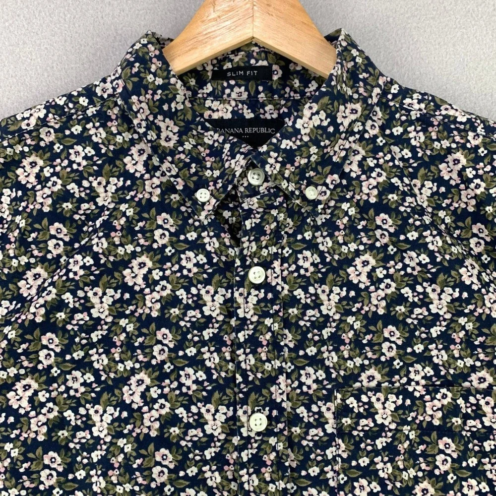 Banana Republic Slim Fit Shirt Mens Large Preppy Floral Short Sleeve Button Up